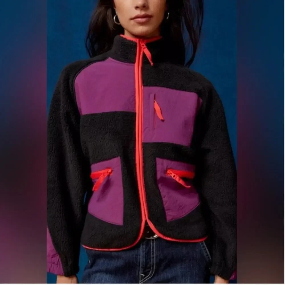 BDG Urban Outfitters Bruce Fleece Spliced Zip Up Jacket in Black/Plum/Orange